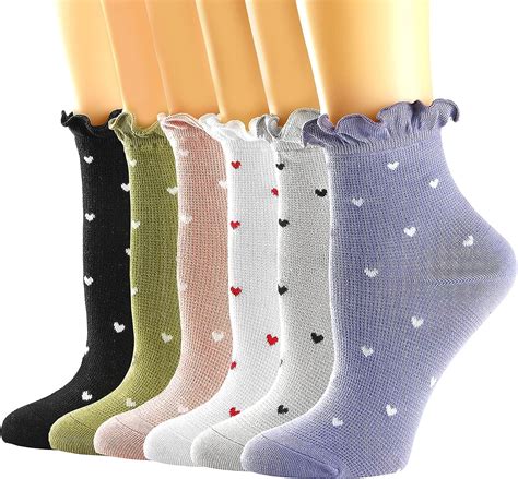 Womens Socksruffle Ankle Socks Comfort Cool Thin Cotton Knit Low Cut Hearts Pattern Cute Socks