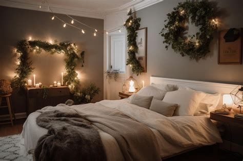 Premium AI Image Christmas Lights In A Bedroom With A Wall Hanging