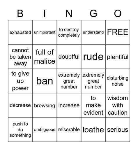 Vocab Practice Bingo Card