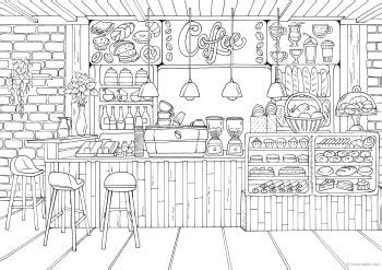 With the digital colors removed, the black and white outlines make great coloring book pages. Little Coffee Shop - Favoreads Coloring Club