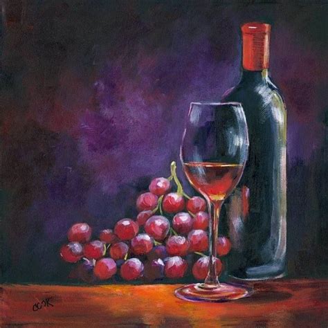 Wine Bottle Glass And Red Grapes Still Life Wine Painting Grape