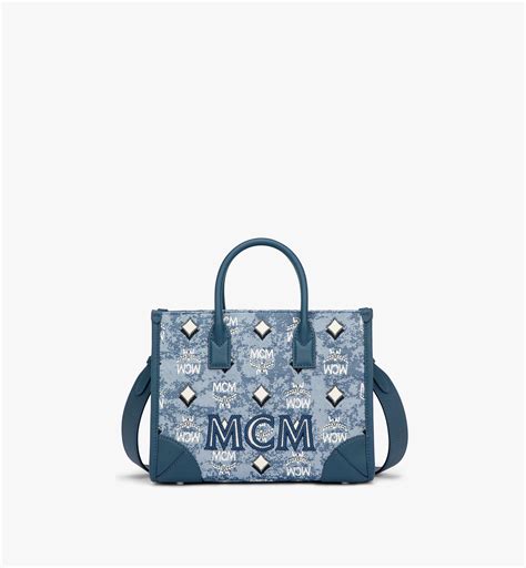 Small M Nchen Tote In Vintage Monogram Jacquard Blue Mcm Cz