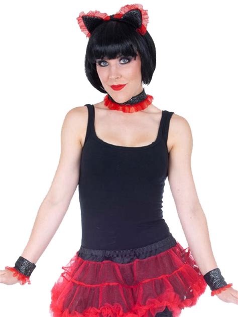 Sexy Costume Set Cat Ears On Headband Cuffs And Choker Black And Red