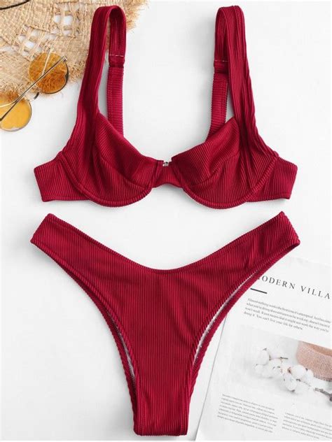 [6 off] 2021 zaful textured ribbed underwire bikini set in red wine zaful