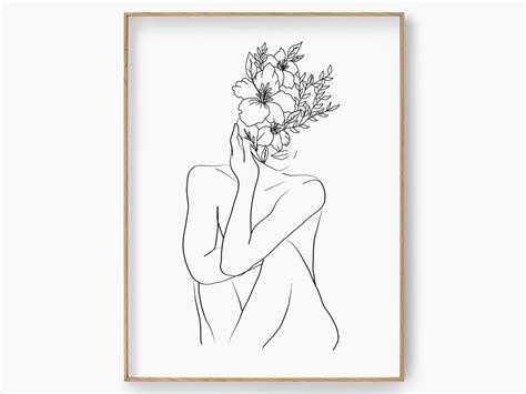 Sitting Naked Woman Line Art Head Of Flowers Art Print Nude Woman