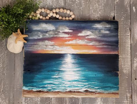 Beach Sunset Painting Acrylic Painting On Pallet Wood Reclaimed Wood