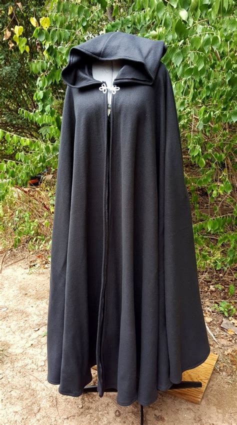 Black Long Cloak Full Circle Fleece Medieval Renaissance Hooded Black