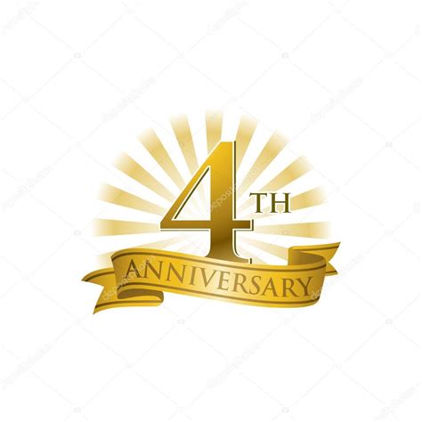 4th Anniversary Ribbon Logo With Golden Rays Of Light — Stock Vector