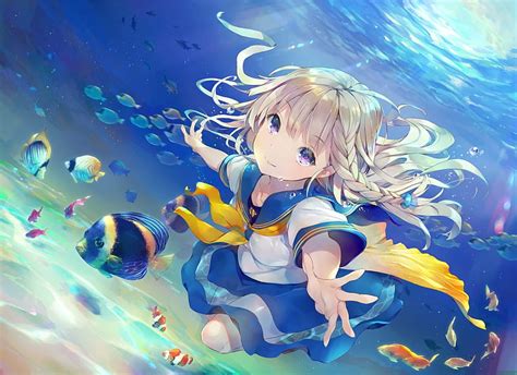 Vara Water Fish Girl Anime Summer Manga Blue Yellow Hd
