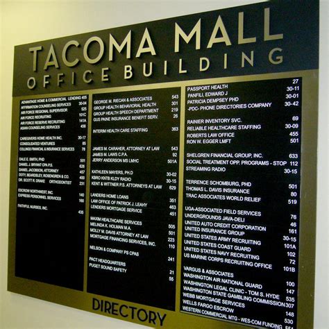 Tacoma Mall Office Directory Interior Evergreen Sign Company Kent Wa