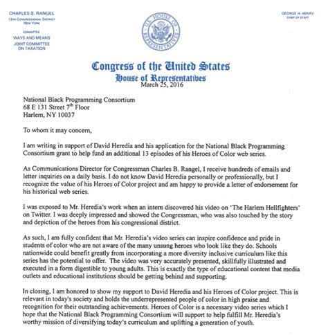 Letter Of Endorsement From Us Congress Heroes Of Color