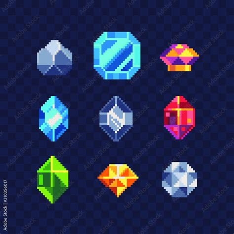 Precious Stone Pixel Art Icons Set Diamond Ruby Sapphire Topaz And