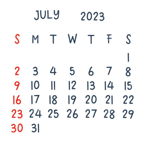Handgeschriebener Kalender Vom Juli 2023 Kalender Juli 2023
