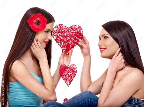 Foto Stock Sexy Lesbian Women Taking Heart In Erotic Foreplay Game