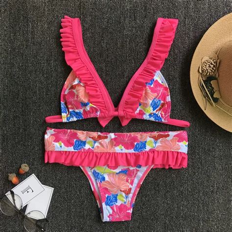 Luoanyfash New Women Sexy Swimwear Brazilian Print Pink Bowknot Bandeau