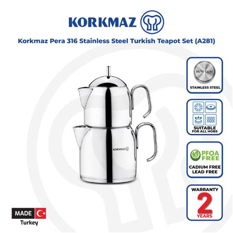 Korkmaz Pera 316 Stainless Steel Turkish Teapot Set A281 Made In