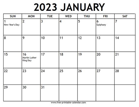 Printable 2023 January Calendar Free Printable
