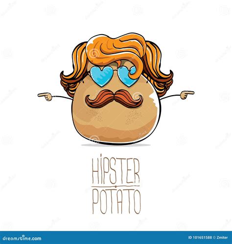 Vector Funny Cartoon Cute Brown Hipster Potato With Long Blond Hair