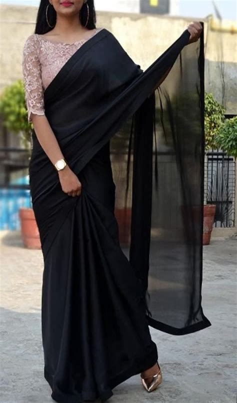 Black Satin Georgette Saree Custom Made Designer Chantilly Lace Blouse