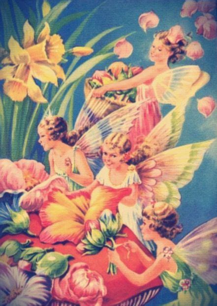 Fairies Picking Flowers 1940s Vintage Fairy Illustration Nursery