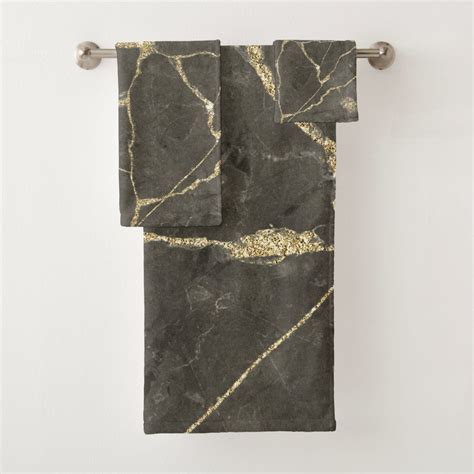Elegant Mauve Gray Faux Gold Glitter Marble Bath Towel Set