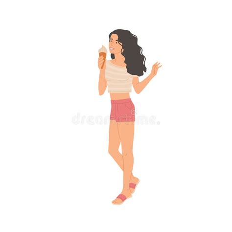 Girl Eats Ice Cream In Summer Clothes Vector Flat Cartoon Isolated Illustration Stock Vector