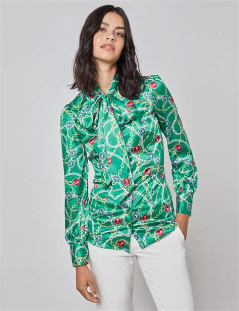 Print Fitted Womens Satin Blouse With Single Cuff In Green And Gold