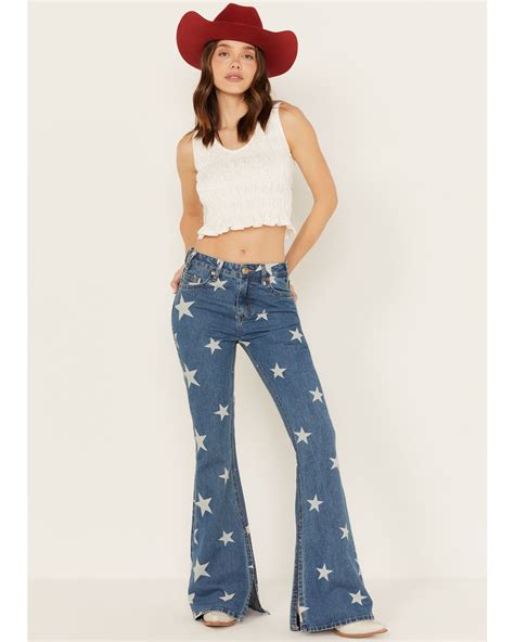 Product Name Rock And Roll Denim Womens Light Wash High Rise Star Print