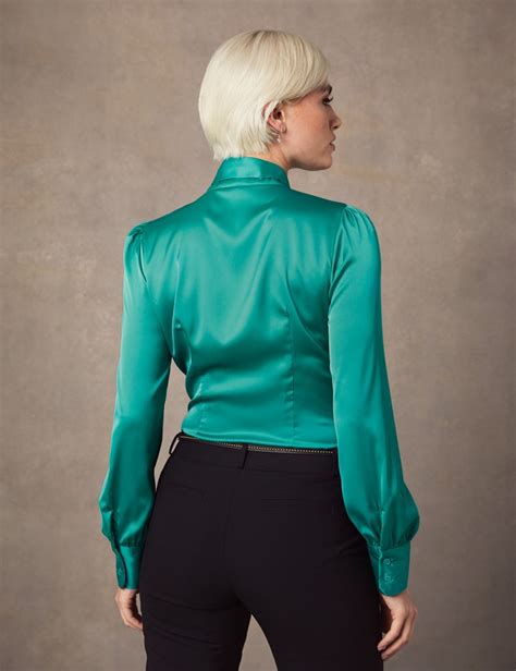 women s peacock green fitted luxury satin blouse pussy bow hawes and curtis