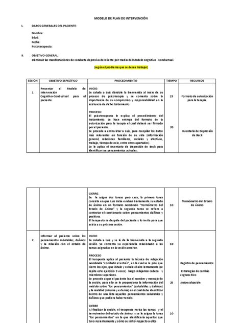 Modelo De Plan De Intervención 2 Pdf Psicoterapia Depresión