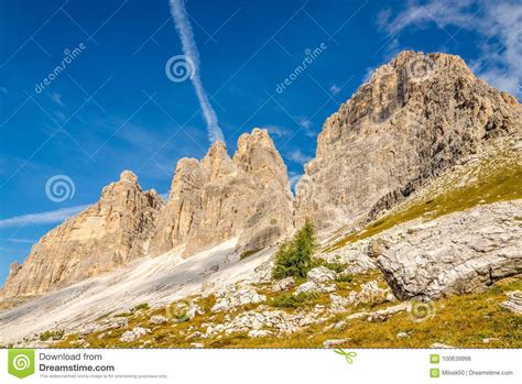 View At The Valley South Side Of Tre Cime Mountains In