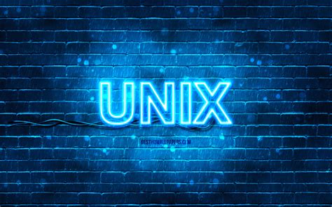 Download Wallpapers Unix Blue Logo 4k Blue Brickwall Unix Logo