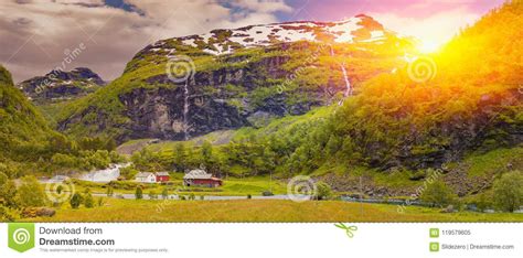 View Beautiful Sunrise Scene Over Mountain And Fjord Stock Image