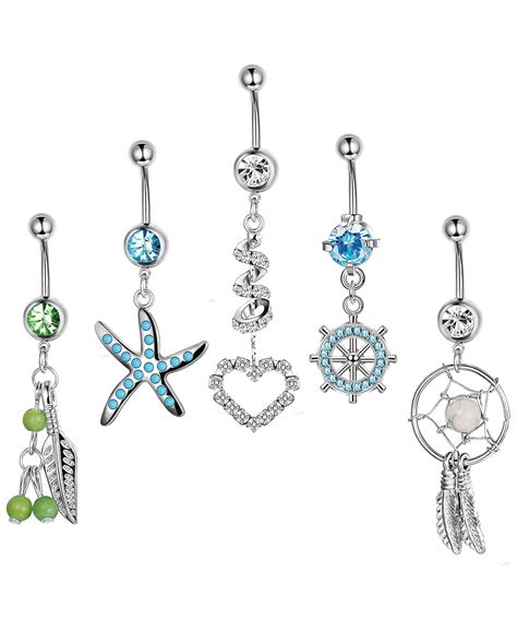 Orazio 5pcs 14g Belly Button Ring For Women Stainless Steel Dangle Navel Rings Screw Body