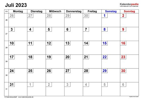 Kalender Juli 2023 als PDFVorlagen