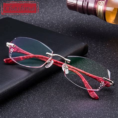 chashma titanium glasses colored crystal female diamond trimmed rimless spectacle frames women