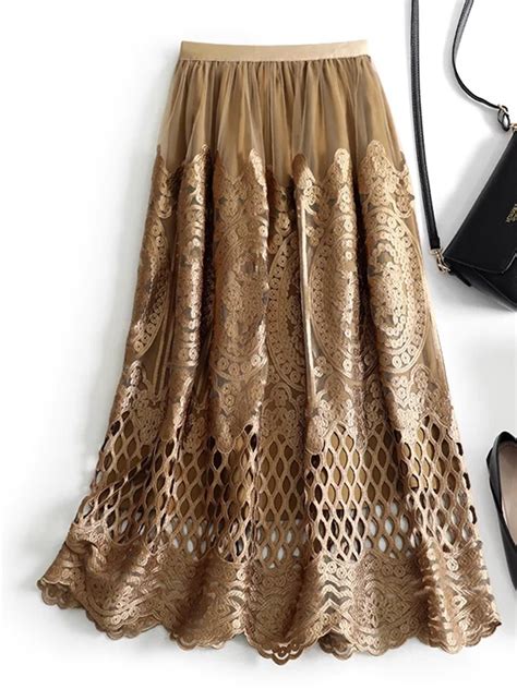 Tigena Crochet Lace Tulle Midi Long Skirt For Women Vintage Elegant
