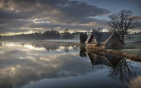 Wallpaper 1230x768 Px Clouds Cottage Frost Ireland Lake