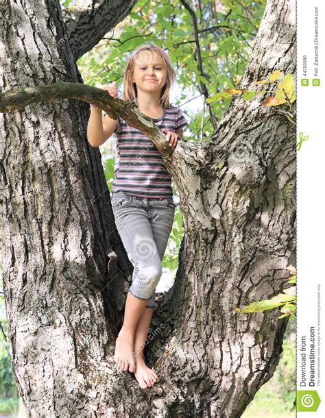 Little Kid Girl Standing On Tree Stock Photo Image 44700999