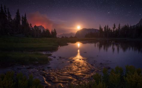 Amazing Starry Night Over Mountains And River Wallpaper Photos