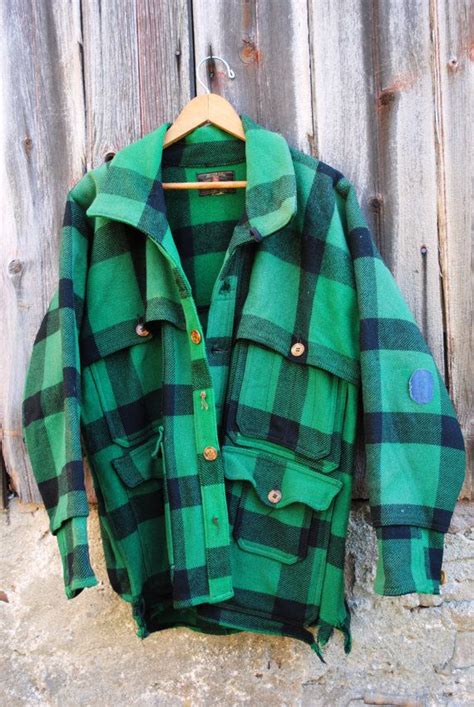 Vintage Woolrich Style Mens Green Buffalo Plaid Wool Hunting Coat