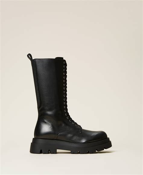 High Top Leather Combat Boots Woman Black Twinset Milano