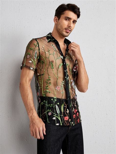 shein men floral embroidery sheer mesh shirt in 2022 rave outfits men festival outfits men