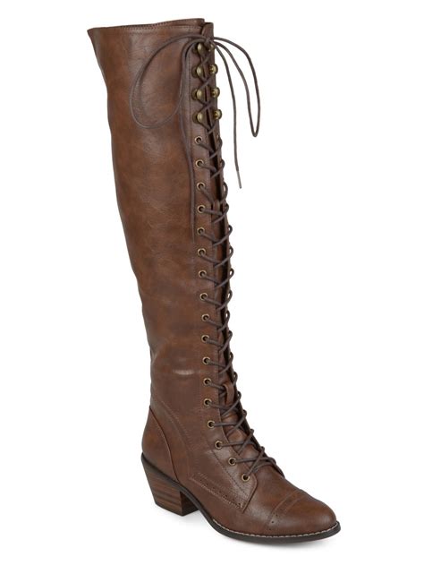 Womens Faux Leather Wide Calf Over The Knee Lace Up Brogue Boots