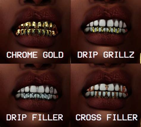 Four Different Types Of Teeth With Gold And Silver Grills
