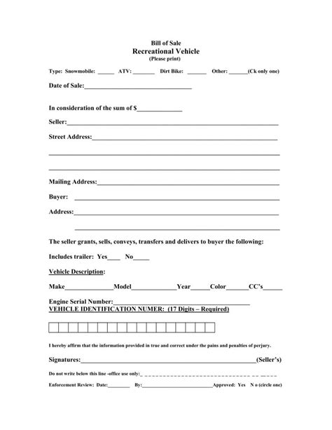 Free Rv Bill Of Sale Template Fillable Forms