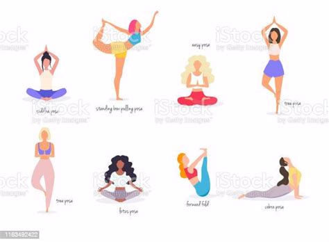 Wanita Dalam Berbagai Pose Yoga Bentuk Wanita Melakukan Latihan Kebugaran Yoga Set Posisi Yoga