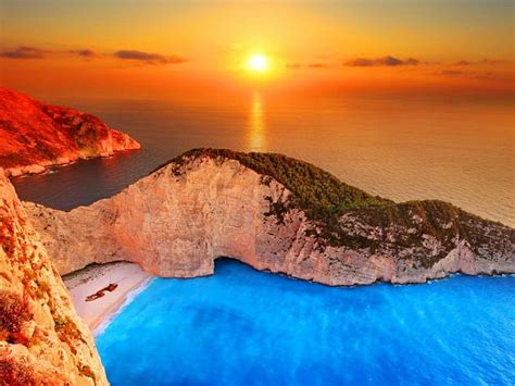 Navagio Beach Greece Rocks Glow Shore Sun Bonito Sunset Sea
