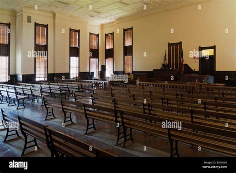 District Courtroom interior at the historic Goliad County Courthouse