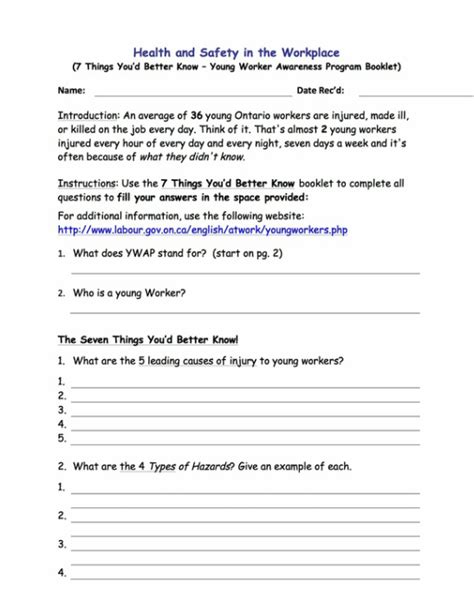 Health And Safety Worksheets Nicole Debeyers Cooperative Education